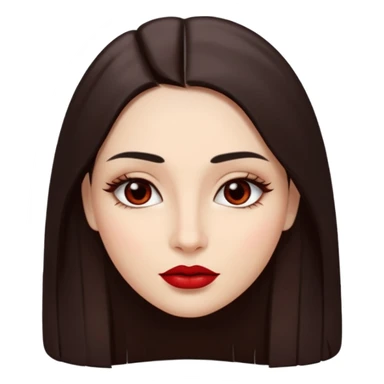 A woman emoji with fair skin, long straight dark brown hair parted in the middle, an oval-shaped face, arched dark eyebrows, almond-shaped brown eyes, a small nose, and full lips colored with deep red lipstick. sticker