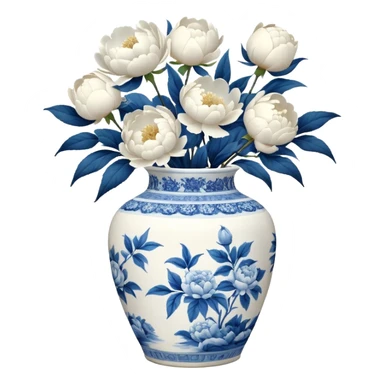 Blue and white toile pattern vase, with white peonies  sticker