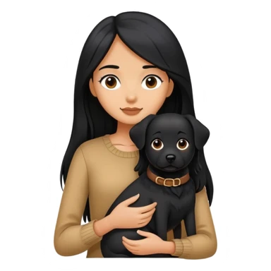 A girl with long black hair holding a black dog sticker