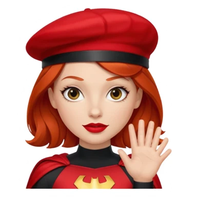 Uma ruiva feliz com batom vermelho com roupa vermelha tipo heroína, com uma boina preta, e uma cara mais “seria” fazendo pose com a mão. sticker