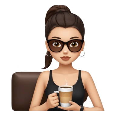 generate a pretty fair bratz girl with dark brown eyes, dark brown eyes tied into a slick back ponytail, thin brown sunglasses. Wearing a black cami top and drinking coffee, high cheekbones sticker