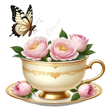 A charming, softly lit evening tea scene, where an ornate golden tea strainer rests atop a delicate ivory teacup filled with rose-infused tea, fresh blush roses and white peonies scattered around, while a pearl butterfly hovers above the steam.
 sticker