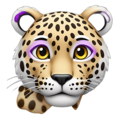 Haz un emoji de un leopardo de las nieves, con manchas violetas, y pelo rosa sticker