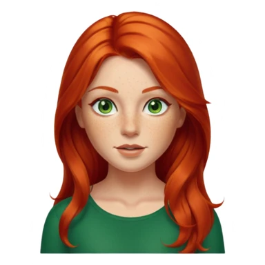 gorgeous female memoji, fiery red long hair, green eyes, freckles, radiant skin, charming and unique beauty sticker