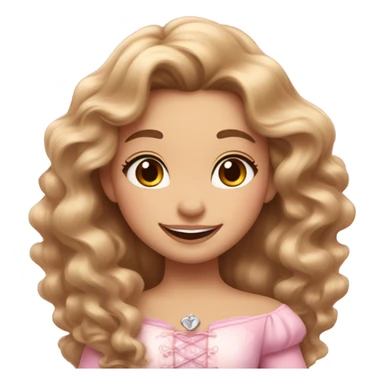 A girl’s face with cute pinkish makeup and brown long curly hair; look like Rapunzel in Disney; white skin; peach pink lips; pink blush; smiley cute face￼  sticker