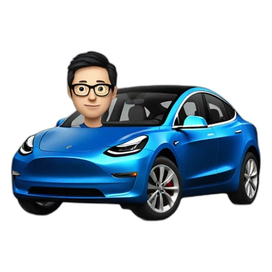 Middle age lean white man with black hair & glasses wearing a blue Tesla T-shirt riding a Black Tesla Model 3 sticker