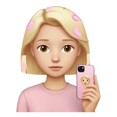 side view close up of a pastel pink iPhone to the ear, blonde hair, beige shirt, iOS Apple emoji style sticker