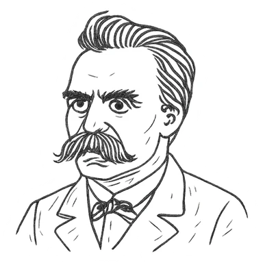 a hand drawn black outline portrait of philosopher Friderich Nietzsche with similar-sized eyes based a famous portrait of him sticker