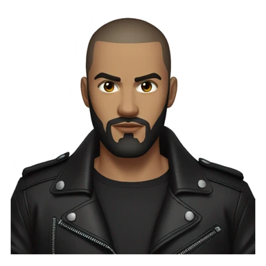 young man with very short dark brown hair and beard,buzzcut,  cool outfit, black leather jacket and black shirt underneath, evil look, angry look sticker