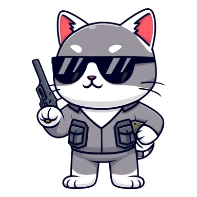 black cat with sunglasses and a gun sticker