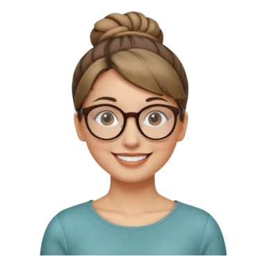 femme de 38 ans avec des cheveux blond foncé, un chignon haut, yeux bruns, lunettes rondes sticker