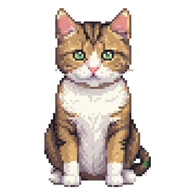 Cute tabby cat with white stomach, pixelated style, sitting to show white belly sticker