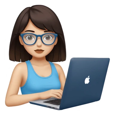 Una chica de color de piel blanca con cabello súper largo con flequillo color marrón y gafas negras con estilo de periodista súper top, también agrega una lapto en sus manos, también que su vestimenta sea un crop top color azul Celeste  sticker