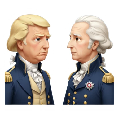 “Donald Trump and George Washington facing each other. Trump in a modern suit, visibly shocked. George Washington in colonial uniform, calm and silent. Realistic style, cinematic lighting.” sticker