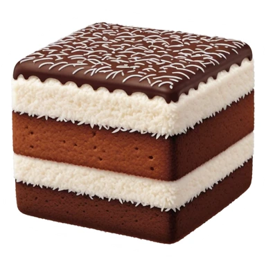 Lamington Cinematic Realistic Lamington Dessert Emoji, depicted as a sponge cake square coated in chocolate and dusted with coconut on all sides, rendered with lifelike textures and vibrant, tropical lighting. sticker