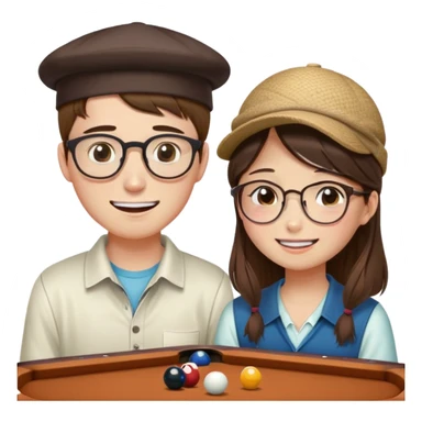 Chinese Girl without glasses and young white man with a hat and glasses brown hair playing table pool, the white man is crying because he lost but the Chinese girl is smiling  sticker