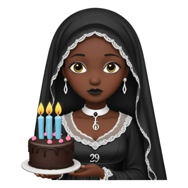 Emoji-style illustration of a cute sarcastic woman, black mourning dress and veil, holding a birthday cake with number 29 candles, ironic expression, RIP 20s theme, flat design, bold outlines, pastel gothic colors, high resolution, clean background, perfect for profile picture sticker