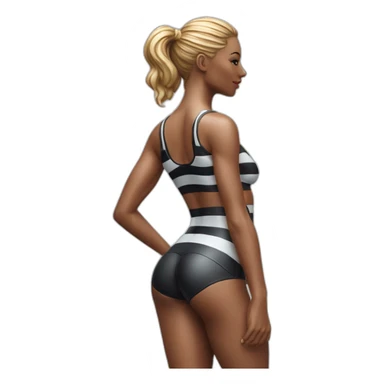 Hyper-realistic figurine showing tall sultry fitness model in striped body paint from behind sticker