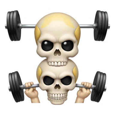 cartoon-style emoji of a white skull with black eye sockets, holding a heavy barbell with large weights across its shoulders, confident and intense expression, clean lines, bold colors, simple or transparent background, stylized like an emoji sticker