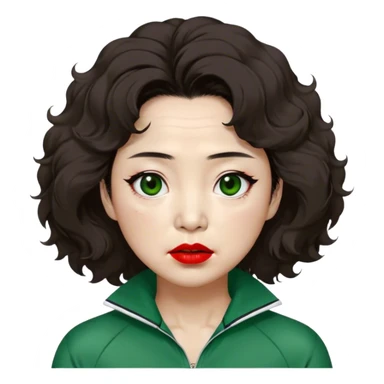 Han Mi-nyeo: Age Late 60s
A woman with many wrinkles face, frizzy, very messy dark brown hair and dramatic red lipstick.
Outfit: Green player tracksuit sticker