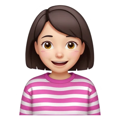 Emoji of a cute 3D girl with short dark brown bob hairstyle, wearing a pink and white striped sweatshirt. She is laughing uncontrollably, tears of joy, white background sticker