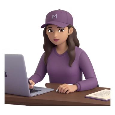 young woman with olive skin and long, dark brown hair, wearing a long-sleeved dark mauve shirt. She is wearing a black baseball cap.. She's sitting at a sleek wooden desk with a hardcover book, and to her right is a white coffee mug, while she looks and types on a silver MacBook.  sticker