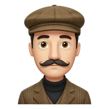 three quarter head profile huge mustache big sideburns sport coat black turtleneck tweed flat cap, squinting eyes trying to puzzle out sticker