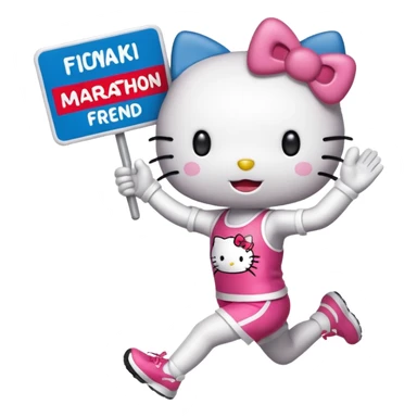 hello kitty cheering on a friend running the marathon, where she is holding a marathon sign. make sure the fae looks exactly like hello kitty - give her eyes and a nose but no mouth sticker