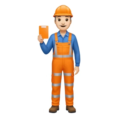 mature engineer hi-vis orange overalls standing full body holding a card sticker