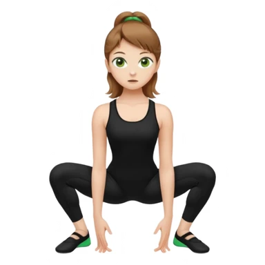 Beautiful woman with light brown shoulder length hair popping a squat without any weights. Make her with a little lighter, brown hair and green eyes. Make her fair skinned and wearing a black workout suit. make her wearing black ballet flats. sticker