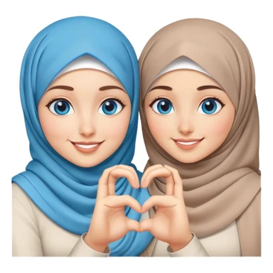 Turkish beautiful finish Konya two girls blue eyes with hijab and making love heart with hand gesture sticker
