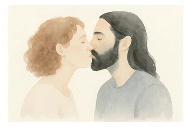 watercolor style of a mixed couple, white woman with curly brown hair and white man with long hair and black beard kissing, soft atmosphere sticker