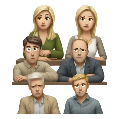 6 Caucasian people sitting around a table looking unhappy sticker