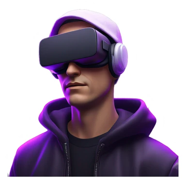 Russian man wearing a black hoodie with "OMG" letters on it and VR headset in a cyberpunk VR environment with violet neon lighting. sticker