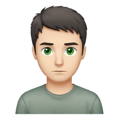 man with dark messy short hair, dark green eyes, wearing a gray t-shirt sticker