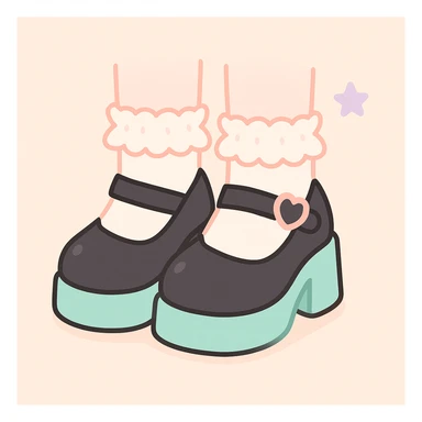 Add cute frilly pastel socks to the BLACKPINK-inspired gothic shoes with pastel peach accents, keep them kawaii style, no hearts. sticker