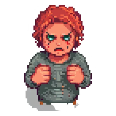 a person looking annoyed and frustrated, pixel art style, clenched fists, red face sticker