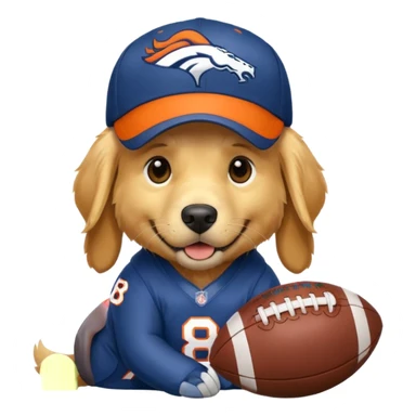 Dog wearing a Broncos hat it’s a golden retriever. The dog is holding a football. sticker