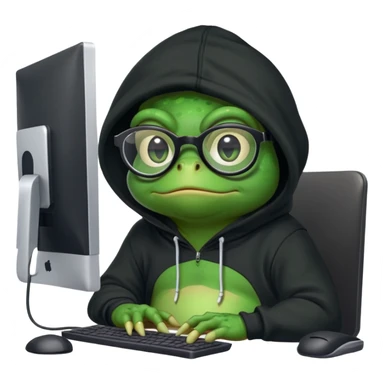 A toad frog wearing a black hoodie with some nerd glasses on sitting behind a computer screen sticker