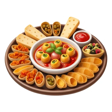 Cinematic Realistic Tapas Dish Emoji, depicted as an assortment of small, flavorful Spanish appetizers rendered with vibrant detail and warm, inviting lighting. sticker