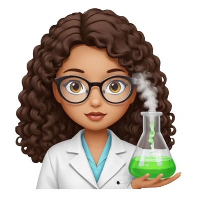realistic bratz doll with long curly dark brown hair, glasses that are round cat eye vibes, in a lab coat mixing beakers that glow sticker