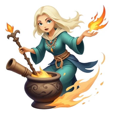 Baba Yaga sorceress woman flying in a mortar, magical aura sticker