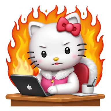 Apple-style emoji illustration of hello kitty character calmly sitting at an office desk, looking at a smartphone and looking relaxed, while the office behind her is subtly on fire. sticker