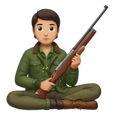 male hunter sitting with a shotgun across his lap, relaxed pose sticker