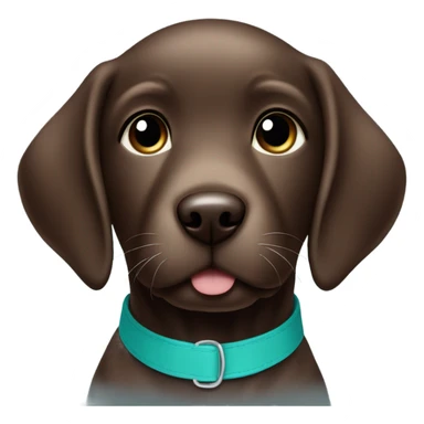 Chocolate labrador cute puppy with small white patch of fur on chest and teal collar sticker