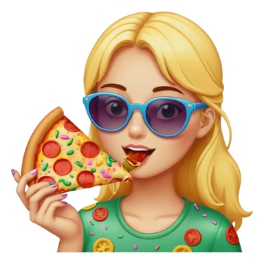 A girl with sunglasses and eatin dlice of pizza sticker