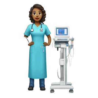 dialysis nurse wearing a blue tunic standing next to a dialysis machine sticker
