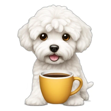 A white maltipoo with a cup of coffee sticker