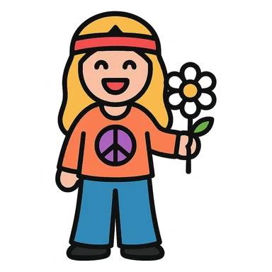 flower child, 1960s hippie, holding a daisy, bell-bottom pants, cheerful, simple icon sticker