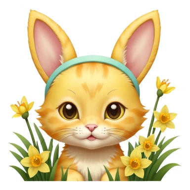 A sunshine yellow kitten with freckles, bunny ears headband, surrounded by daffodils and playful butterflies. sticker